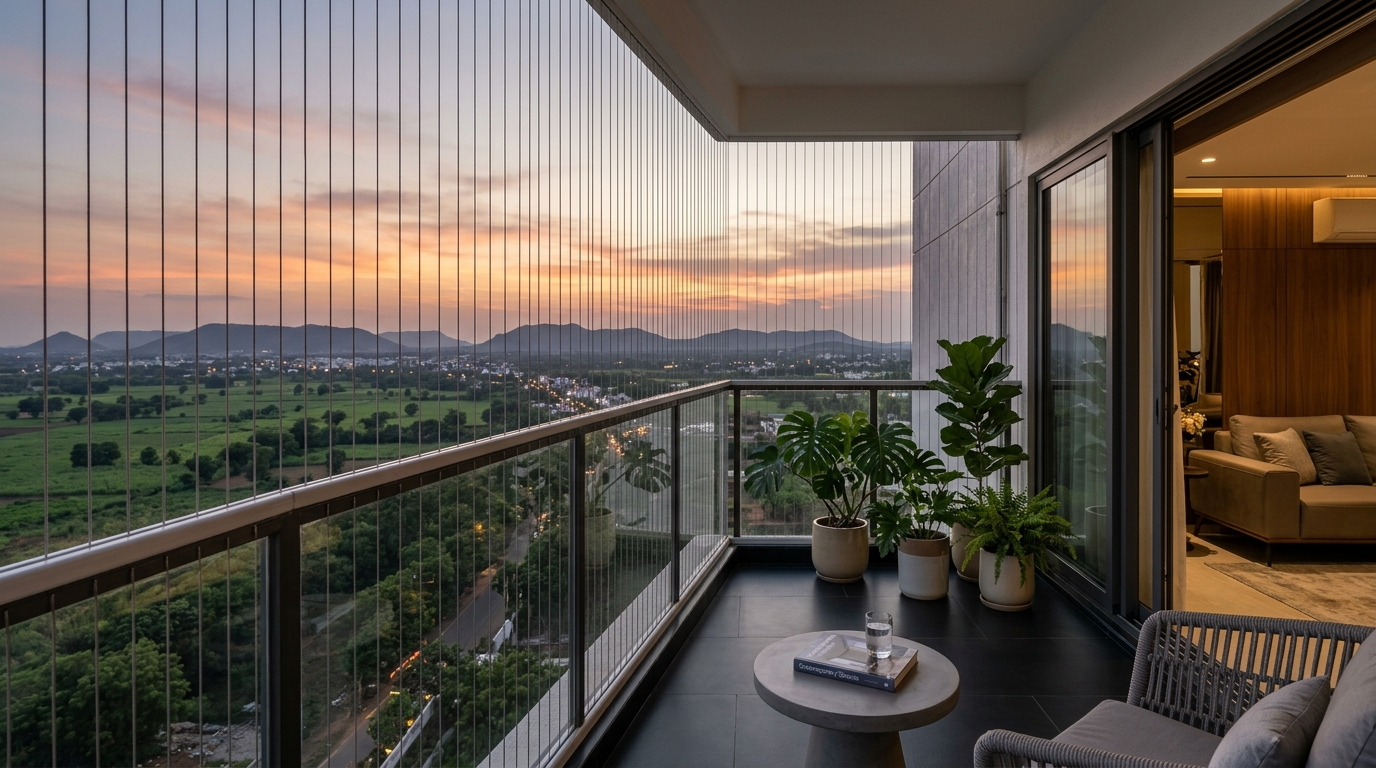 Luxury apartment balcony in Guntur overlooking city horizon and Kondaveedu landscape at sunset with installed invisible safety grills