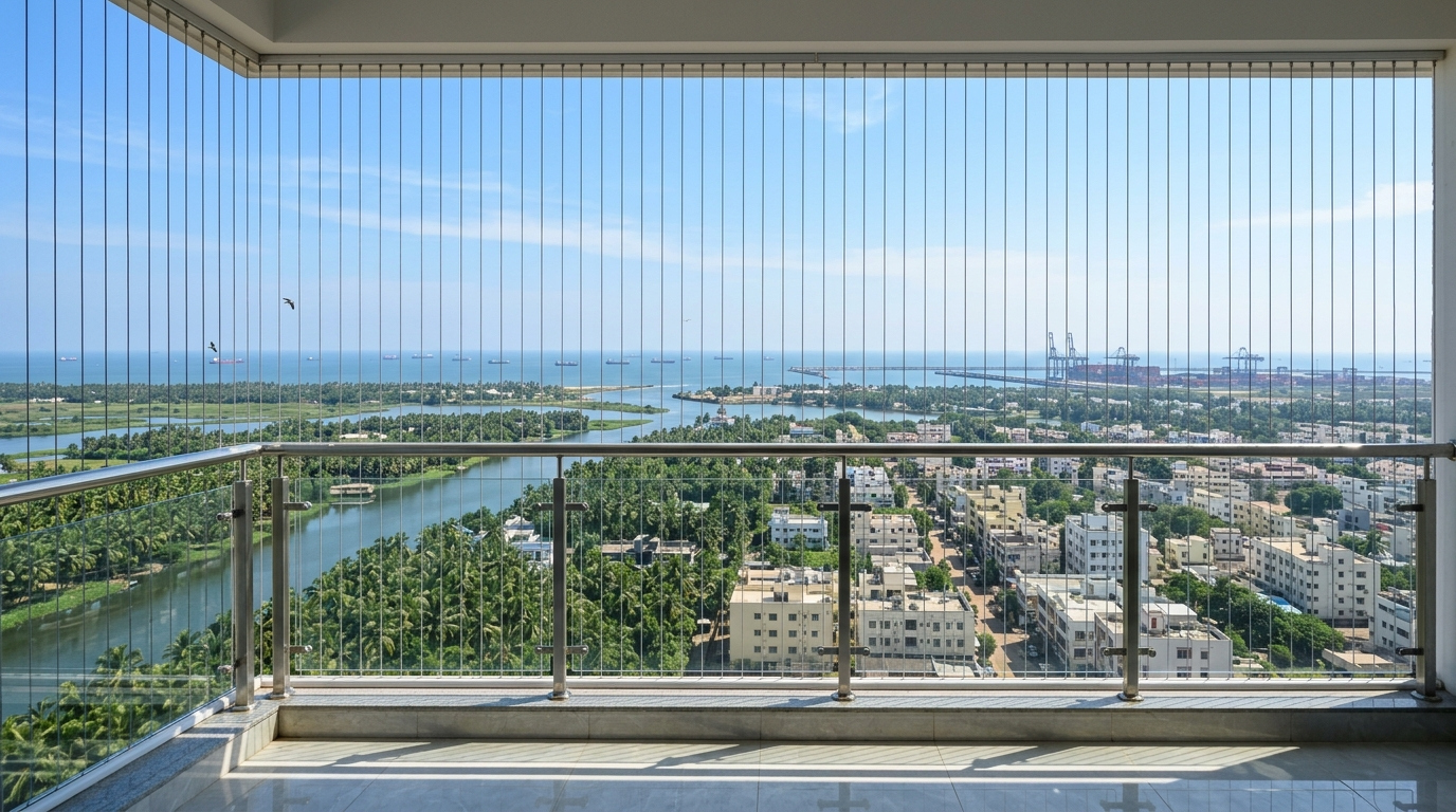 Coastal residential balcony in Kakinada with installed invisible safety grills overlooking port coastline and palm canopies
