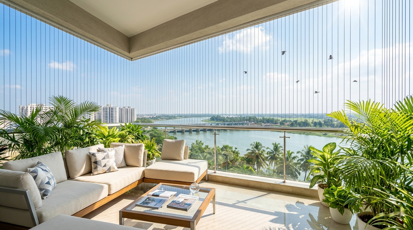 Modern high-rise balcony in Nellore overlooking Penna river and barrage with installed invisible safety grills