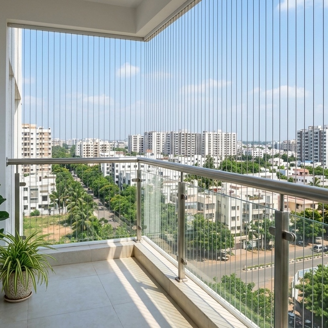 Modern high-rise apartment balcony in Ongole overlooking Kurnool Road corridor with installed invisible safety grills