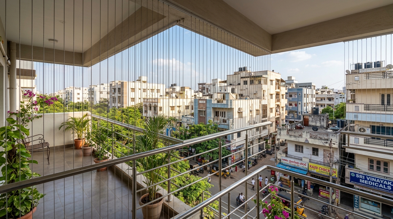 Arundelpet High-Floor Towers - Invisible Safety Grill Installation in Guntur