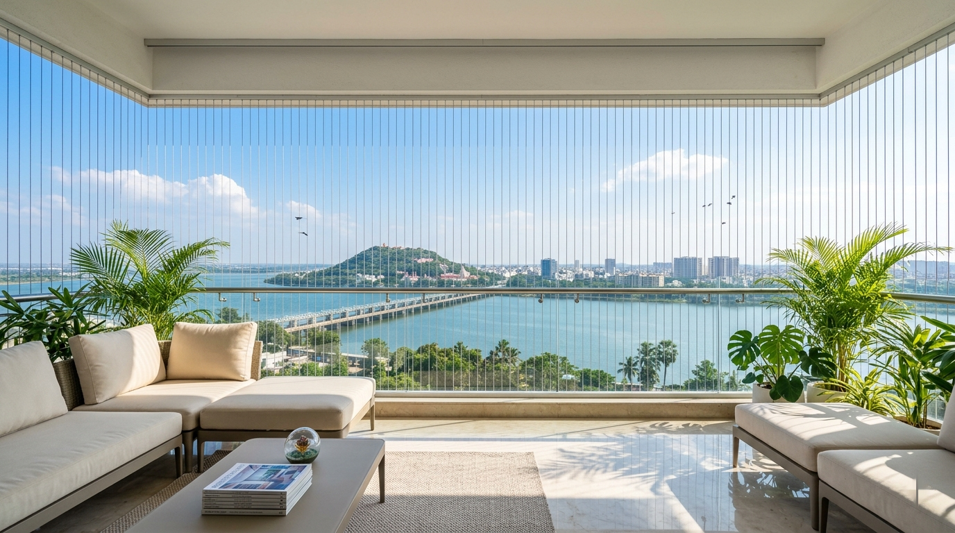 Modern high-rise balcony in Vijayawada overlooking Prakasam Barrage and the Krishna River with installed invisible safety grills