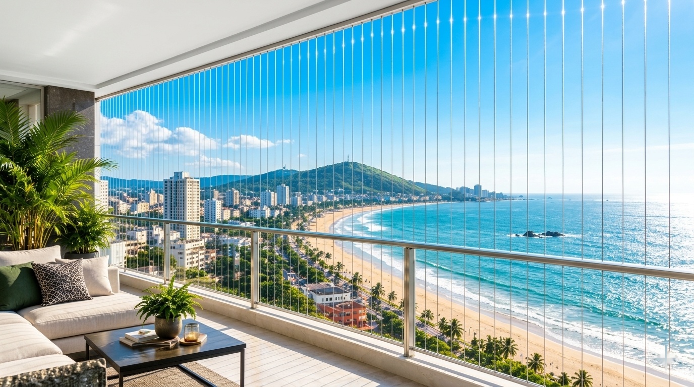 Penthouse balcony in Visakhapatnam overlooking RK Beach and Beach Road with installed SS-316 invisible safety grills